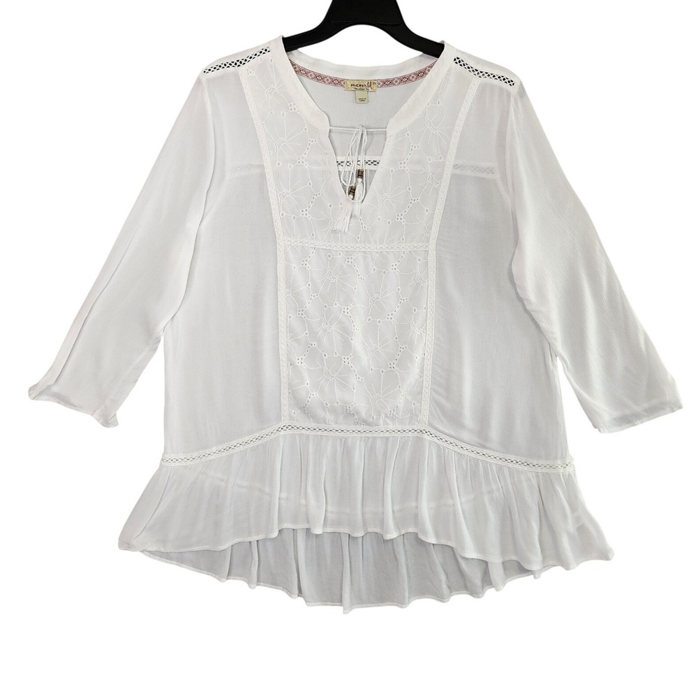 One World Peasant Blouse Women 3X White Embroidered Boho Tassel Ruffle Top